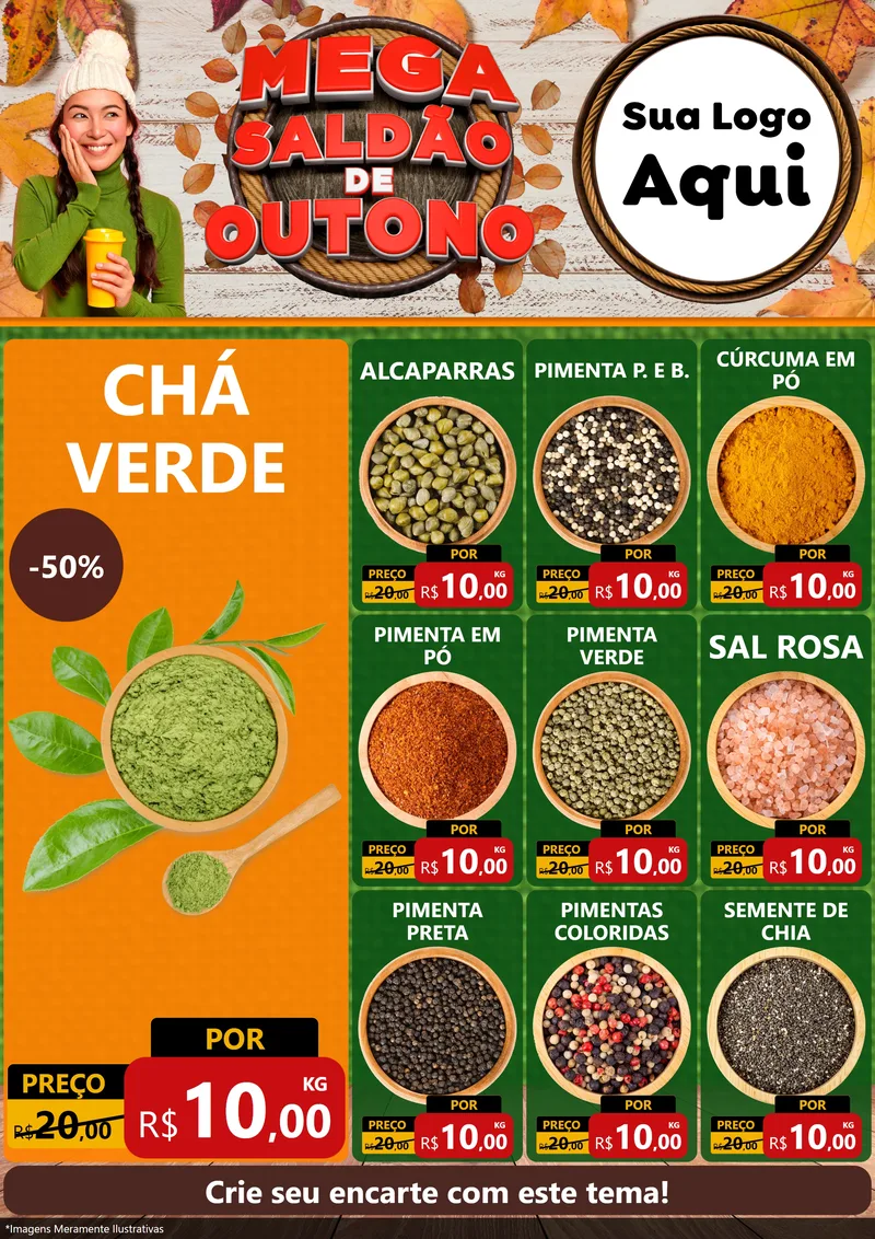 Modelo de Encarte para Encarte A4 Vertical com o tema Mega Saldão de Outono para Produtos Naturais