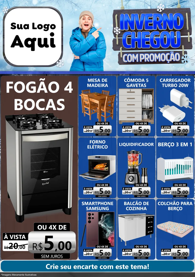Modelo de Encarte para Encarte A4 Vertical com o tema Inverno Chegou Com Promoção para Móveis e Eletro