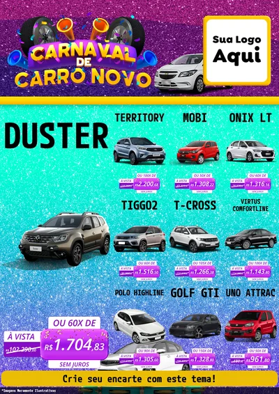 Modelo de Encarte para Encarte A4 Vertical com o tema Carnaval de Carro Novo para Concessionaria de Carros