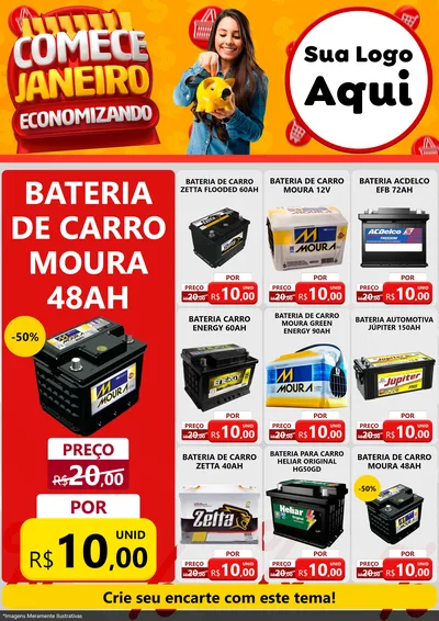 Modelo de Encarte para Encarte A4 Vertical com o tema Comece Janeiro Economizando para Baterias Elétricas