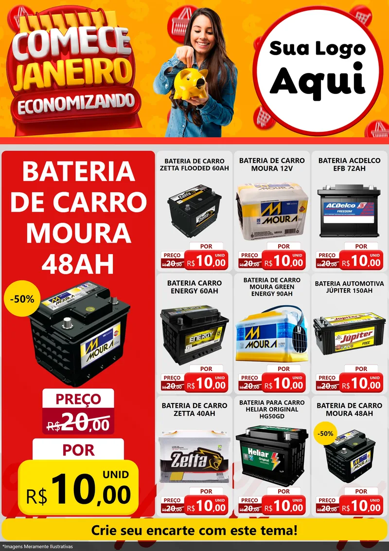 Modelo de Encarte para Encarte A4 Vertical com o tema Comece Janeiro Economizando para Baterias Elétricas