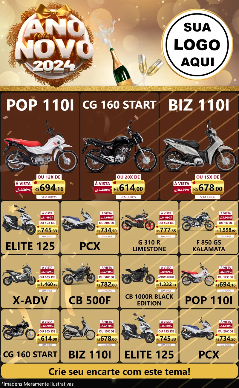 Modelo de Encarte para Encarte Grande com o tema Feliz Ano Novo 2027 para Concessionaria de Motos