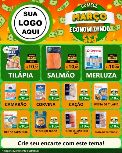 Modelo de Rede Social para Feed Instagram com o tema Comece Março Economizando para Peixaria