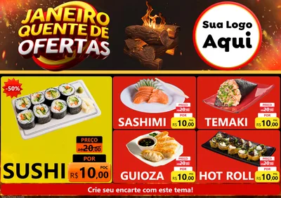 Modelo de Encarte para Encarte A4 Horizontal com o tema Janeiro Quente de Ofertas para Comida japonesa