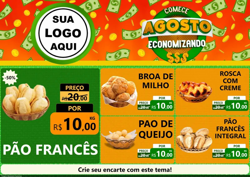 Modelo de Encarte para Encarte A4 Horizontal com o tema Comece Agosto Economizando para Padaria