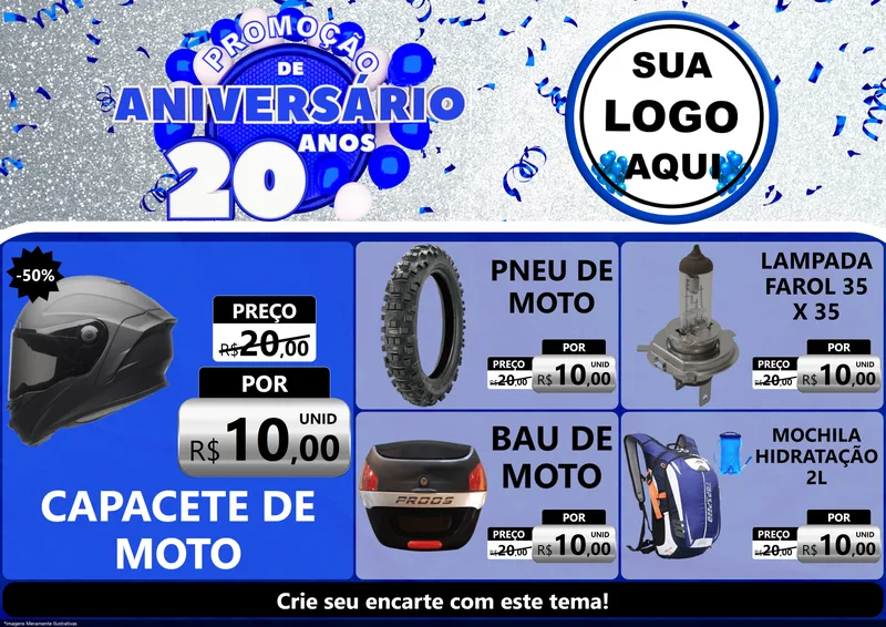 Modelo de Encarte para Encarte A4 Horizontal com o tema Promoção de Aniversário - 20 Anos para Moto peças
