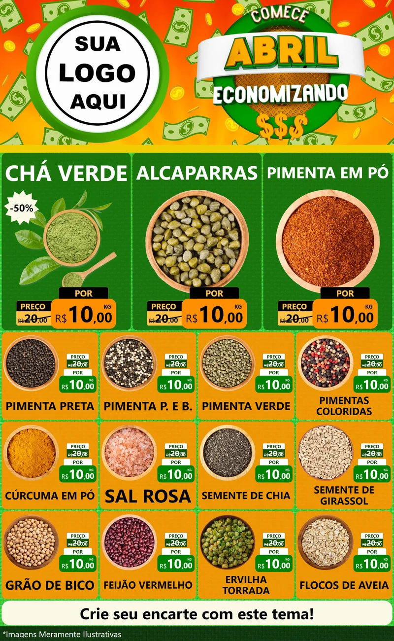 Modelo de Encarte para Encarte Grande com o tema Comece Abril Economizando para Produtos Naturais