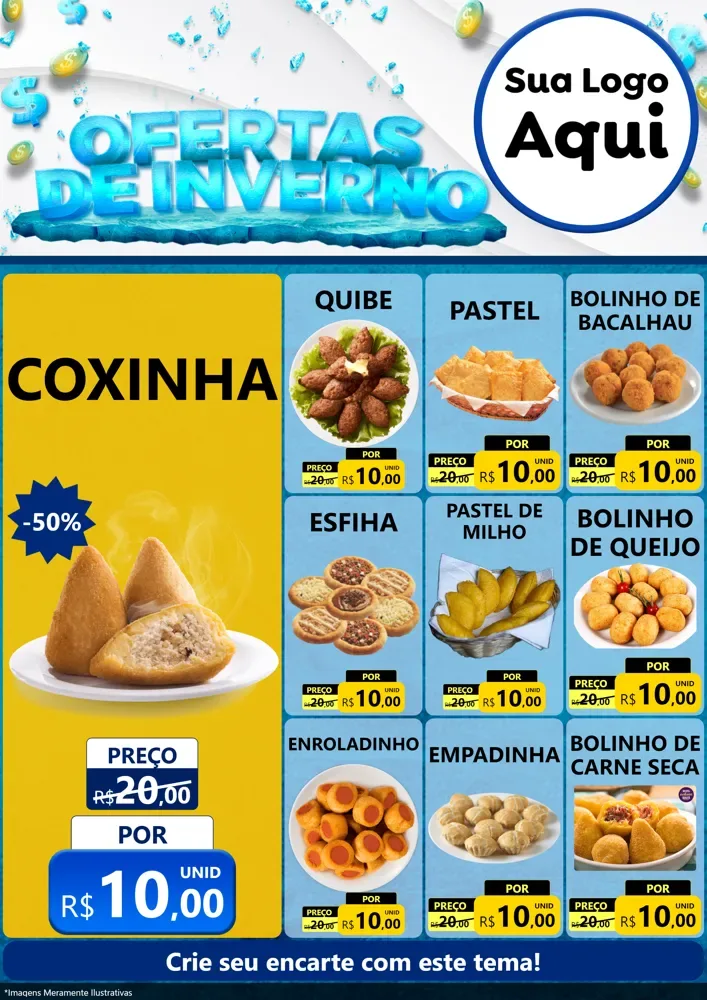 Modelo de Encarte para Encarte A4 Vertical com o tema Ofertas de Inverno para Salgadaria
