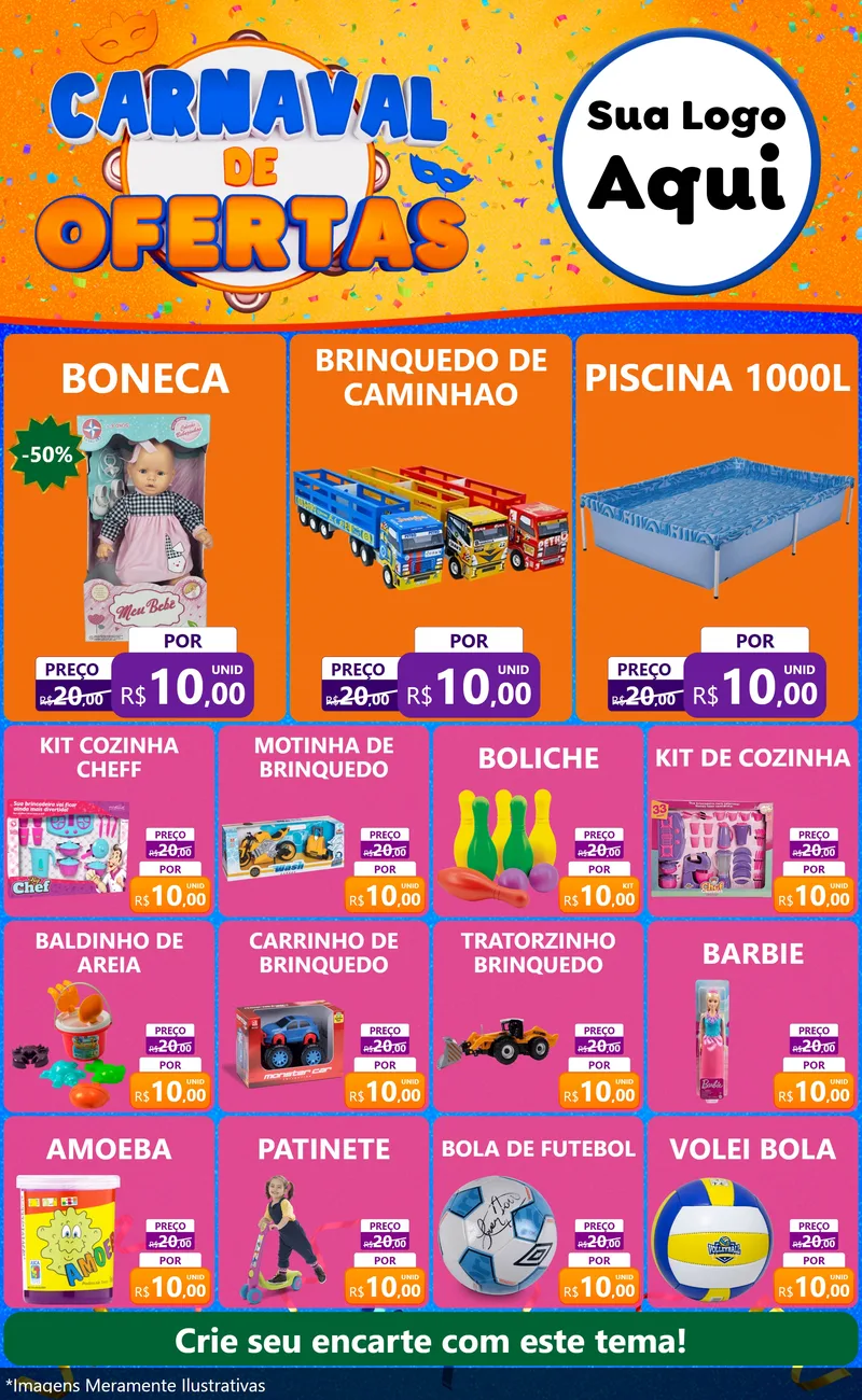 Modelo de Encarte para Encarte Grande com o tema Carnaval de Ofertas para Brinquedos