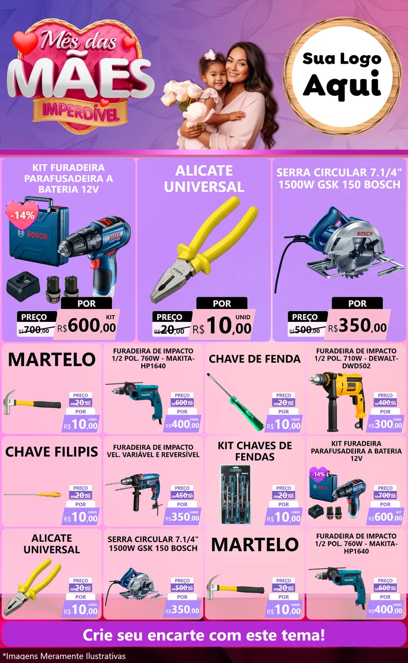 Modelo de Encarte para Encarte Grande com o tema Mês das Mães Imperdível para Maquinas e Ferramentas