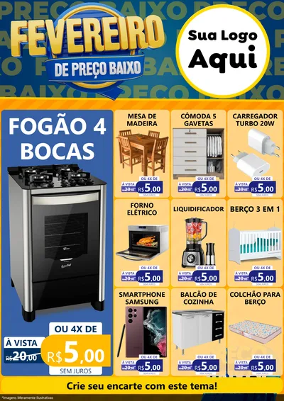 Modelo de Encarte para Encarte A4 Vertical com o tema Fevereiro de Preço Baixo para Móveis e Eletro