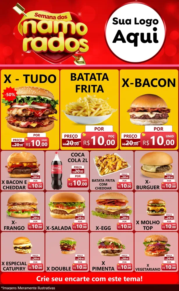 Modelo de Encarte para Encarte Grande com o tema Semana dos namorados para Hamburgueria