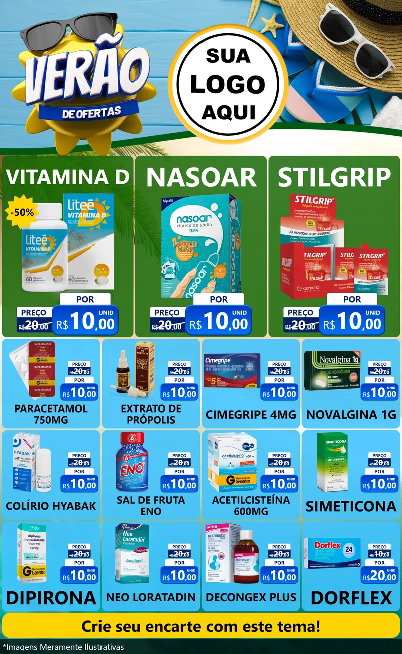 Modelo de Encarte para Encarte Grande com o tema Verão de Ofertas para Farmácia