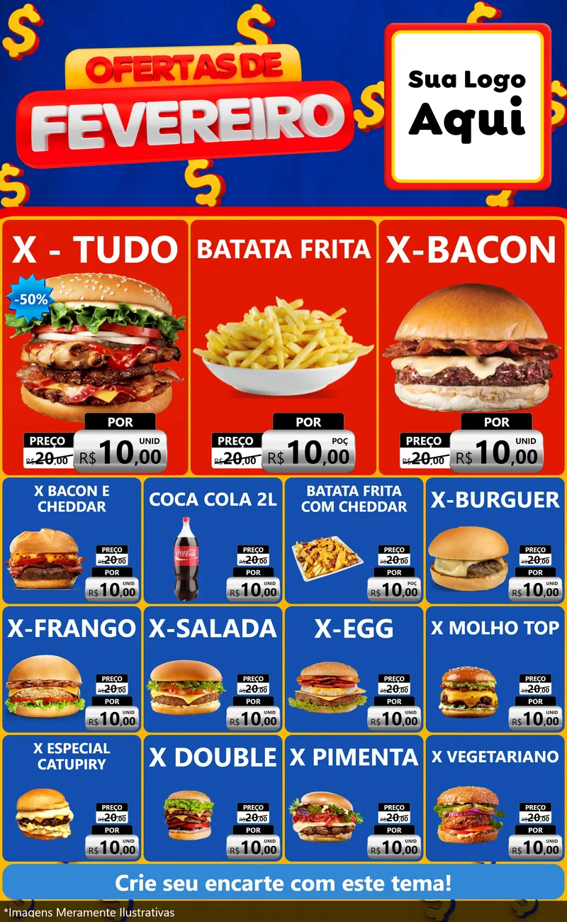 Modelo de Encarte para Encarte Grande com o tema Ofertas de Fevereiro para Hamburgueria