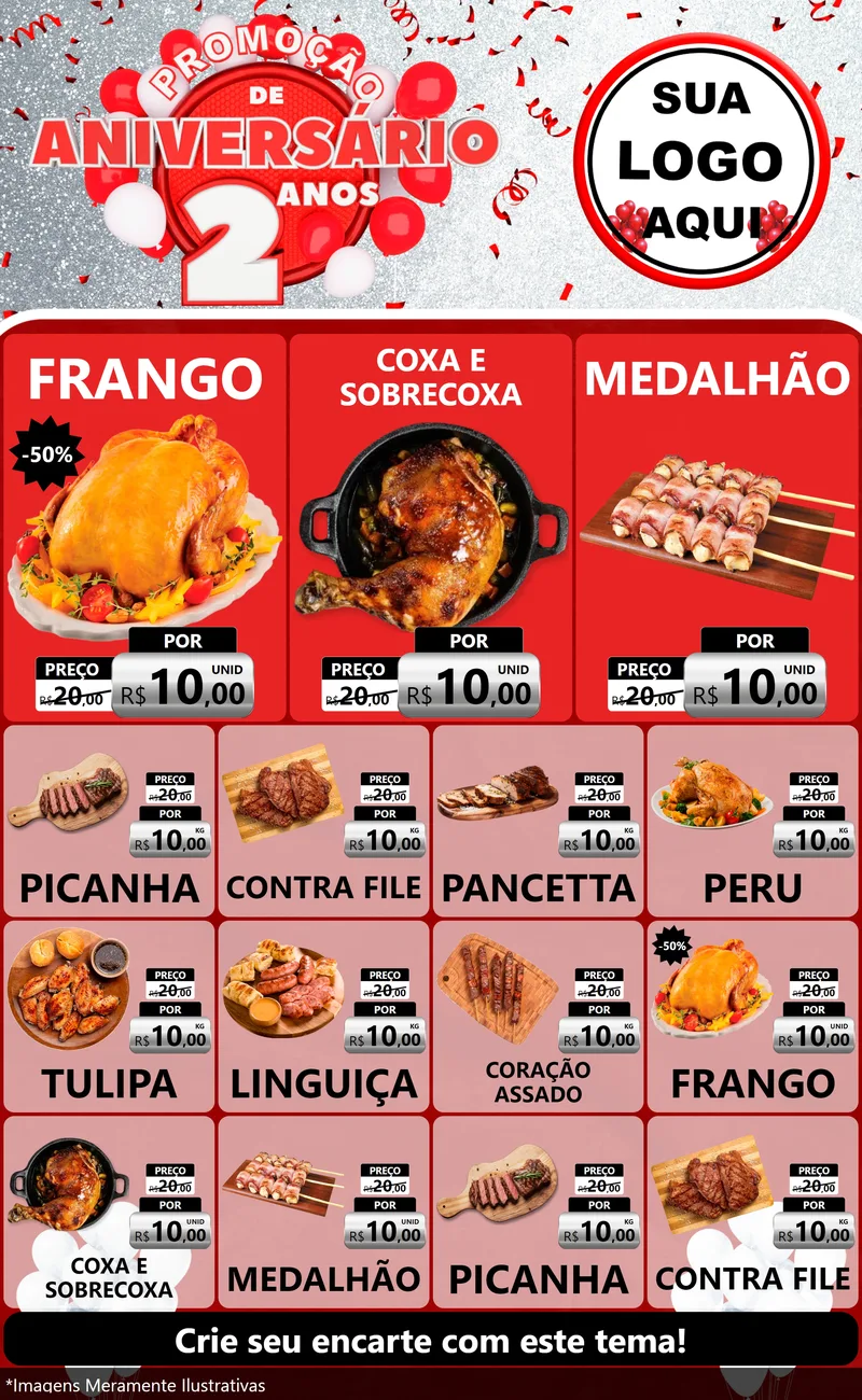 Modelo de Encarte para Encarte Grande com o tema Promoção de Aniversário - 2 Anos para Assados