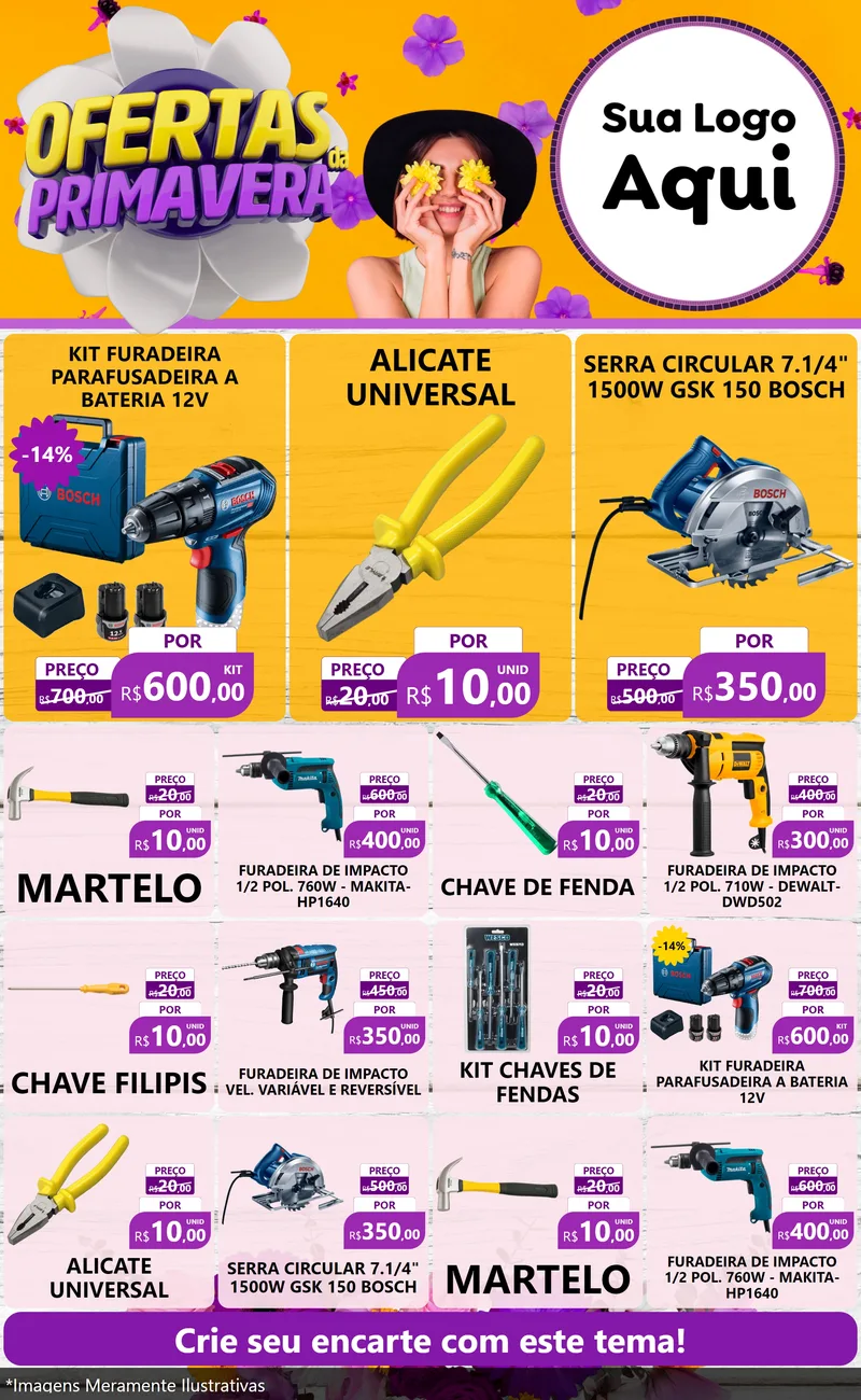 Modelo de Encarte para Encarte Grande com o tema Ofertas Da Primavera para Maquinas e Ferramentas