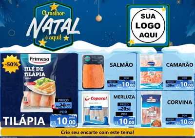 Modelo de Encarte para Encarte A4 Horizontal com o tema O Melhor Natal É Aqui! para Peixaria