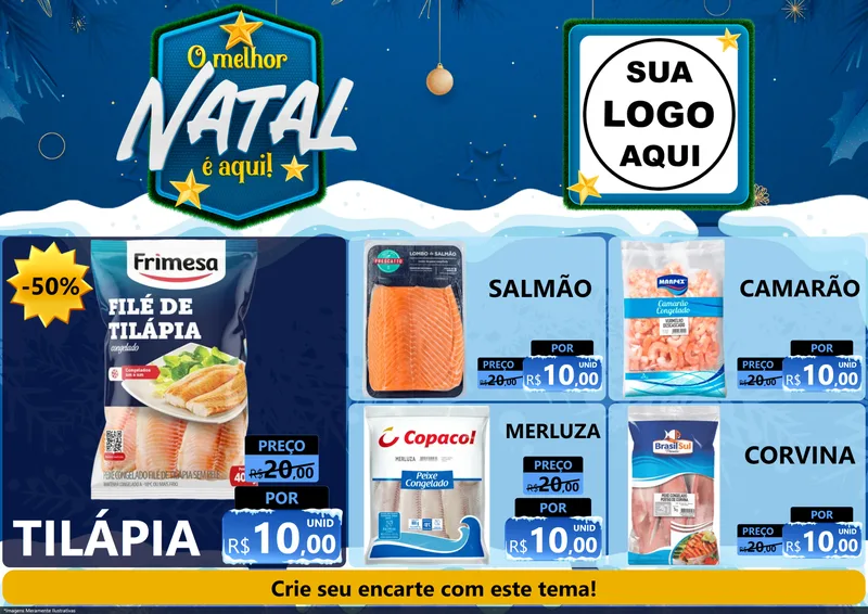 Modelo de Encarte para Encarte A4 Horizontal com o tema O Melhor Natal É Aqui! para Peixaria