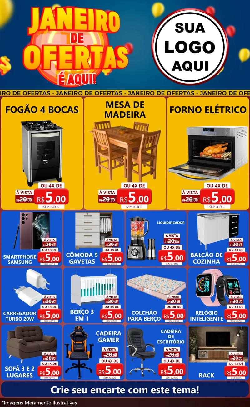 Modelo de Encarte para Encarte Grande com o tema Janeiro de Ofertas É Aqui! para Móveis e Eletro