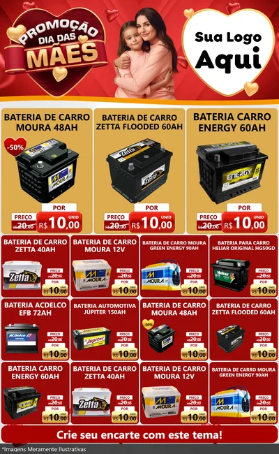 Modelo de Encarte para Encarte Grande com o tema Promoção Dia das Mães para Baterias Elétricas