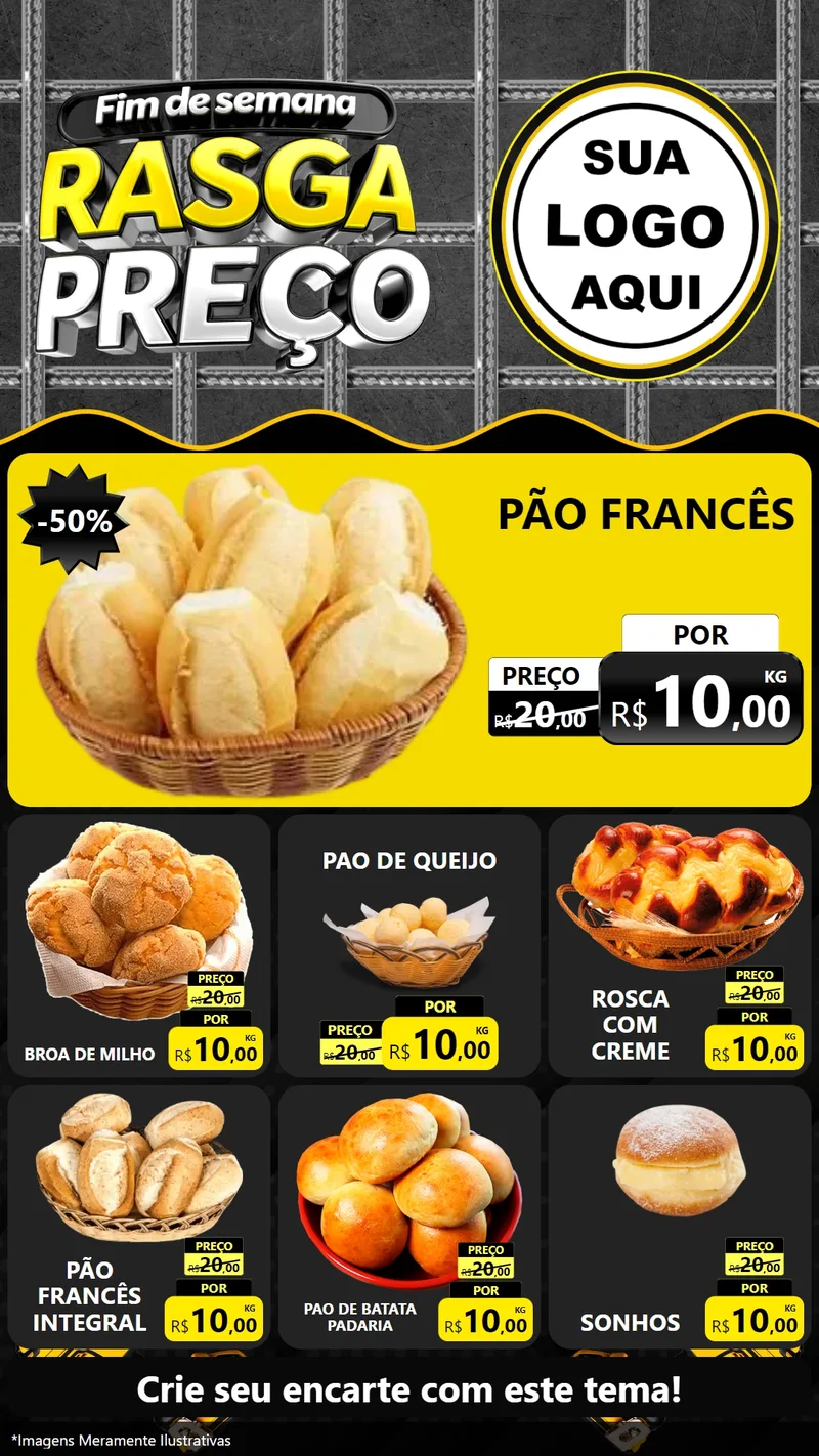 Modelo de Rede Social para Stories com o tema Fim de Semana Rasga Preço para Padaria