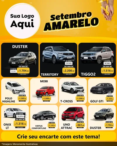 Modelo de Rede Social para Feed Instagram com o tema Setembro Amarelo para Concessionaria de Carros