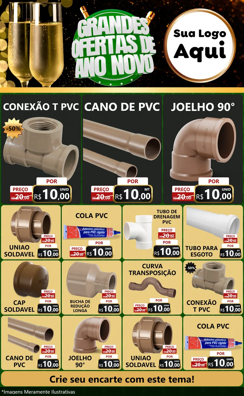Modelo de Encarte para Encarte Grande com o tema Grandes Ofertas de Ano Novo para Tubos e conexões