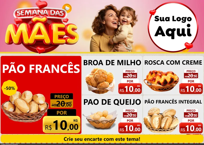 Modelo de Encarte para Encarte A4 Horizontal com o tema Semana das Mães para Padaria
