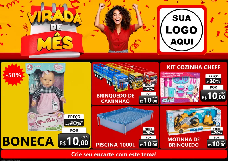 Modelo de Encarte para Encarte A4 Horizontal com o tema Virada de Mês para Brinquedos