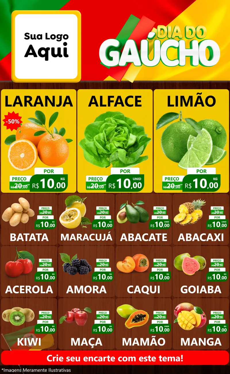 Modelo de Encarte para Encarte Grande com o tema Dia do Gaúcho para Hortifrúti