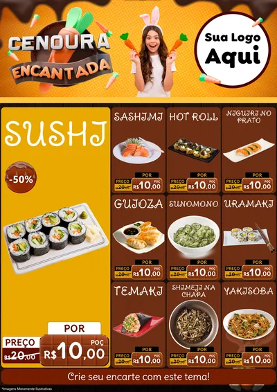 Modelo de Encarte para Encarte A4 Vertical com o tema Cenoura Encantada - Páscoa para Comida japonesa
