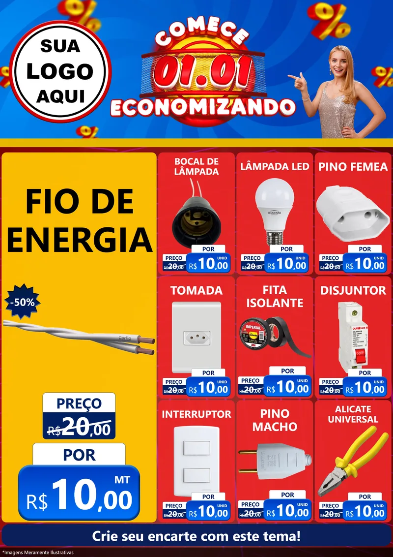 Modelo de Encarte para Encarte A4 Vertical com o tema Comece 1º de Janeiro Economizando para Materiais Elétricos