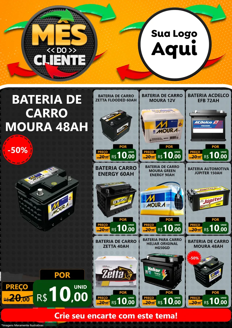 Modelo de Encarte para Encarte A4 Vertical com o tema Mês do Cliente para Baterias Elétricas