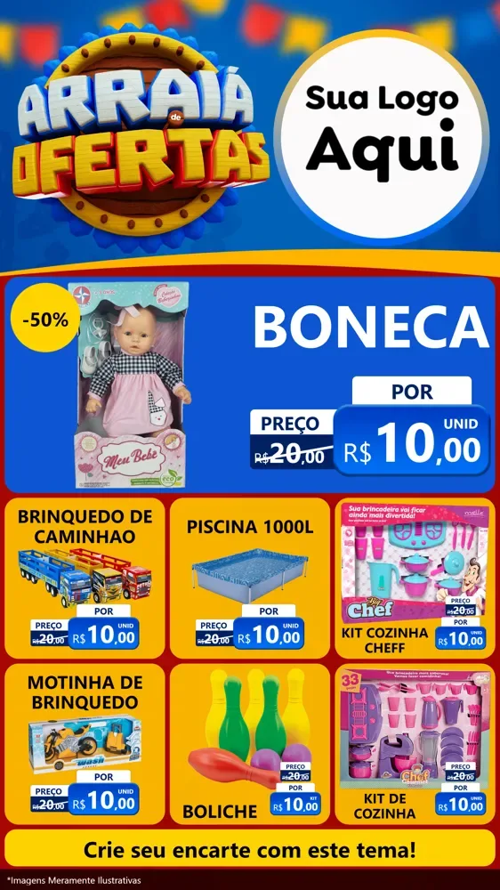 Modelo de Rede Social para Stories com o tema Arraiá de Ofertas - Junina para Brinquedos
