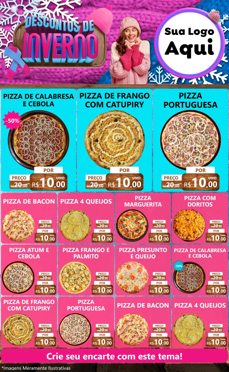 Modelo de Encarte para Encarte Grande com o tema Descontos de Inverno para Pizzaria