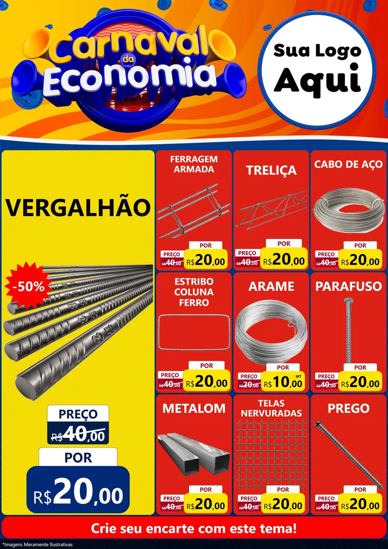 Modelo de Encarte para Encarte A4 Vertical com o tema Carnaval da Economia para Ferragens