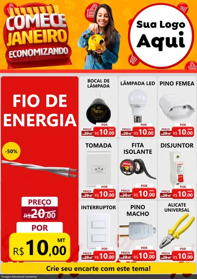 Modelo de Encarte para Encarte A4 Vertical com o tema Comece Janeiro Economizando para Materiais Elétricos