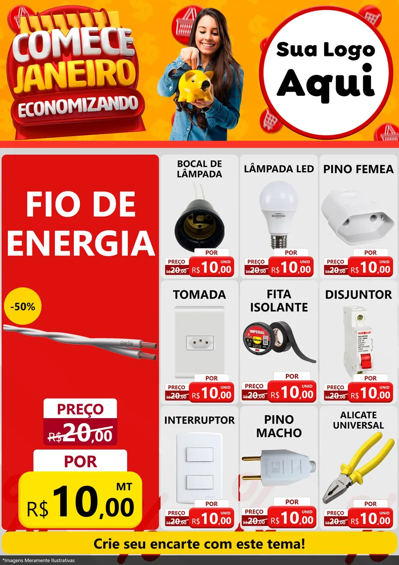 Modelo de Encarte para Encarte A4 Vertical com o tema Comece Janeiro Economizando para Materiais Elétricos