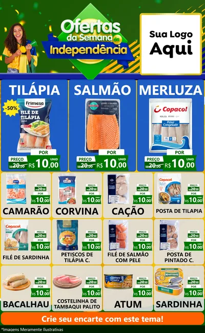 Modelo de Encarte para Encarte Grande com o tema Ofertas da Semana da Independência para Peixaria