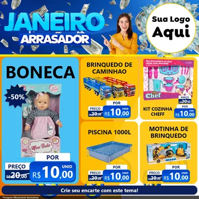 Modelo de Rede Social para Feed Facebook com o tema Janeiro Arrasador para Brinquedos