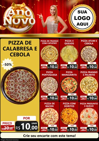 Modelo de Encarte para Encarte A4 Vertical com o tema Super Ano Novo para Pizzaria