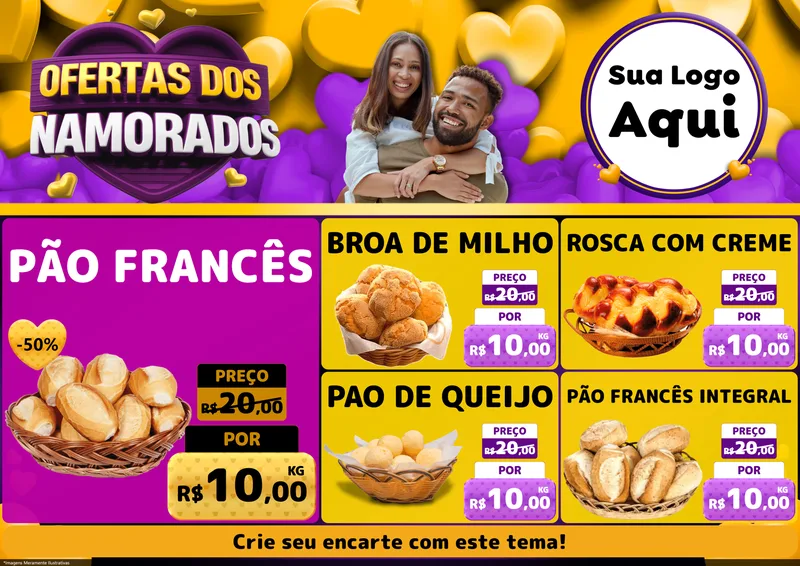 Modelo de Encarte para Encarte A4 Horizontal com o tema Oferta Dos Namorados para Padaria