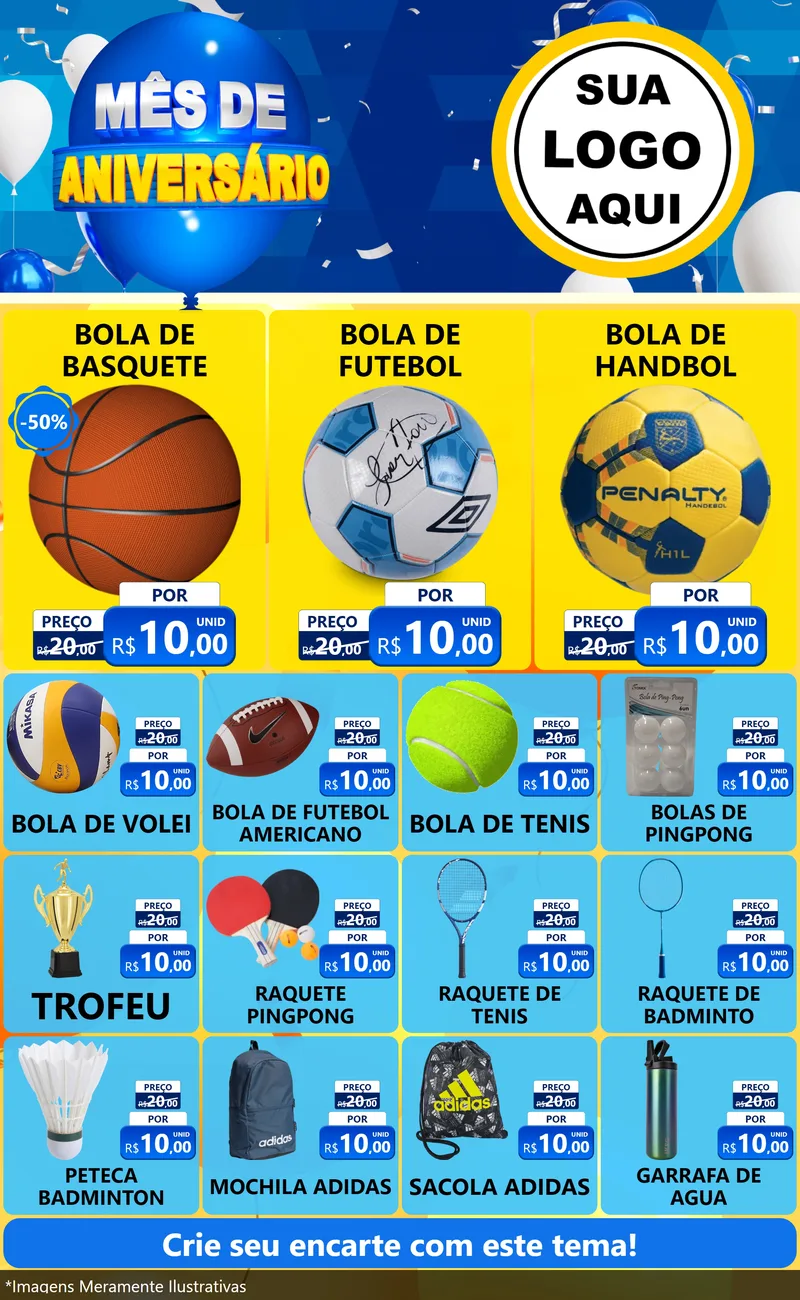 Modelo de Encarte para Encarte Grande com o tema Mês de Aniversário para Artigos Esportivos