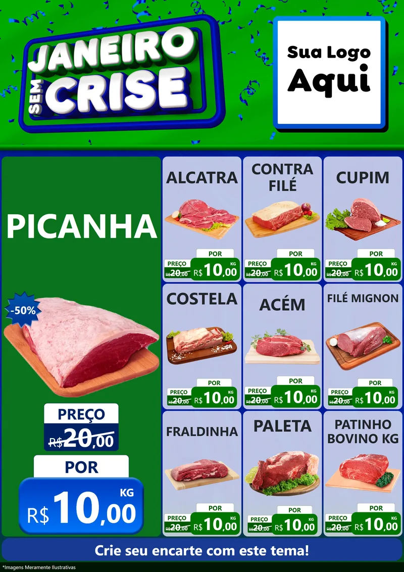 Modelo de Encarte para Encarte A4 Vertical com o tema Janeiro Sem Crise para Açougue