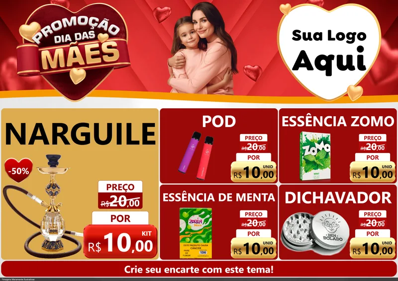 Modelo de Encarte para Encarte A4 Horizontal com o tema Promoção Dia das Mães para Tabacaria
