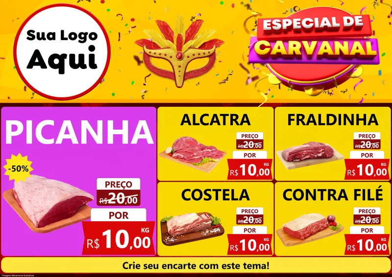 Modelo de Encarte para Encarte A4 Horizontal com o tema Especial de Carnaval para Açougue