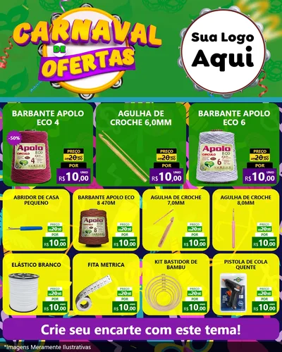 Modelo de Rede Social para Feed Instagram com o tema Carnaval de Ofertas para Armarinho e Aviamentos