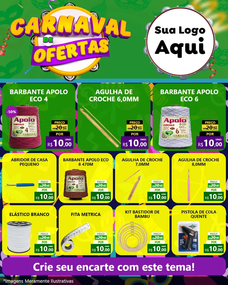 Modelo de Rede Social para Feed Instagram com o tema Carnaval de Ofertas para Armarinho e Aviamentos