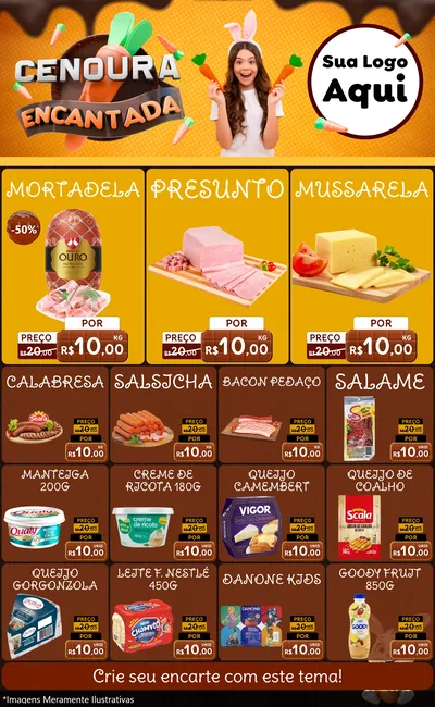 Modelo de Encarte para Encarte Grande com o tema Cenoura Encantada - Páscoa para Frios e Laticínios