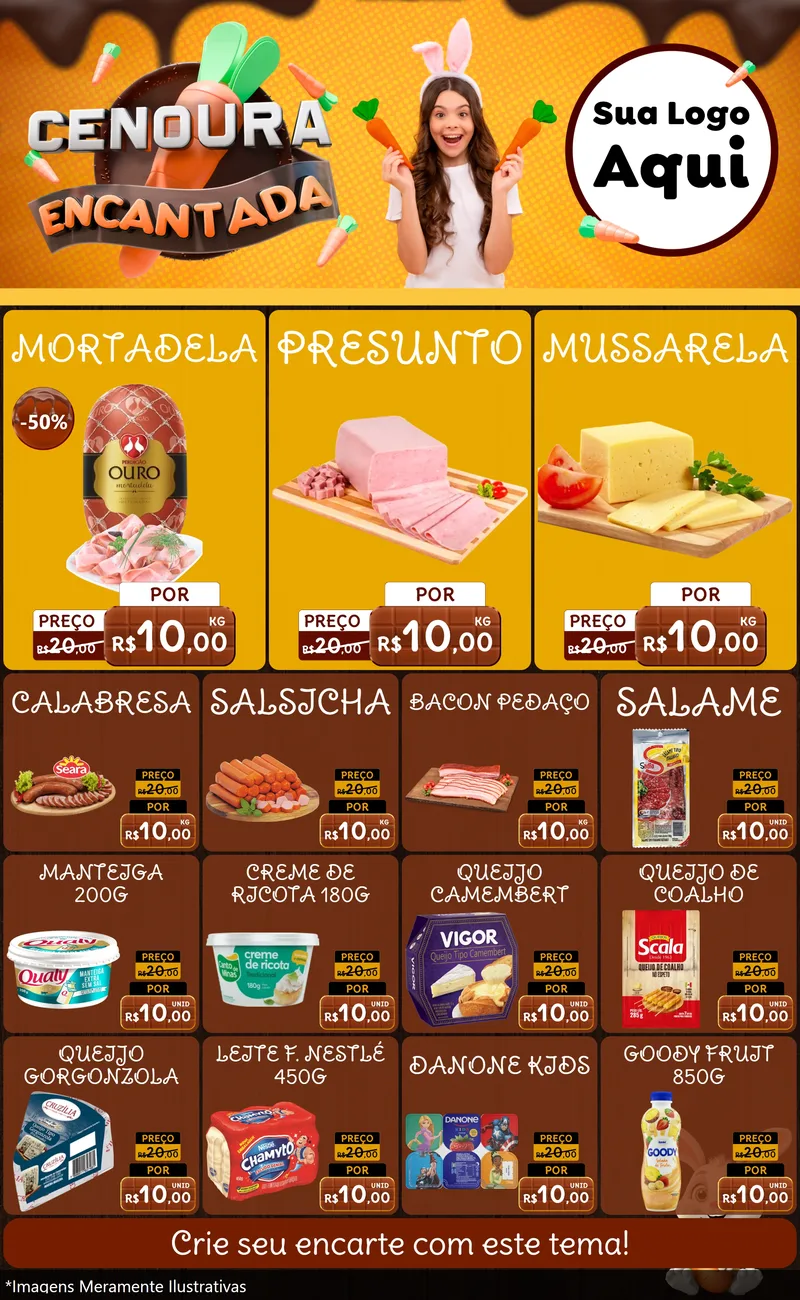 Modelo de Encarte para Encarte Grande com o tema Cenoura Encantada - Páscoa para Frios e Laticínios